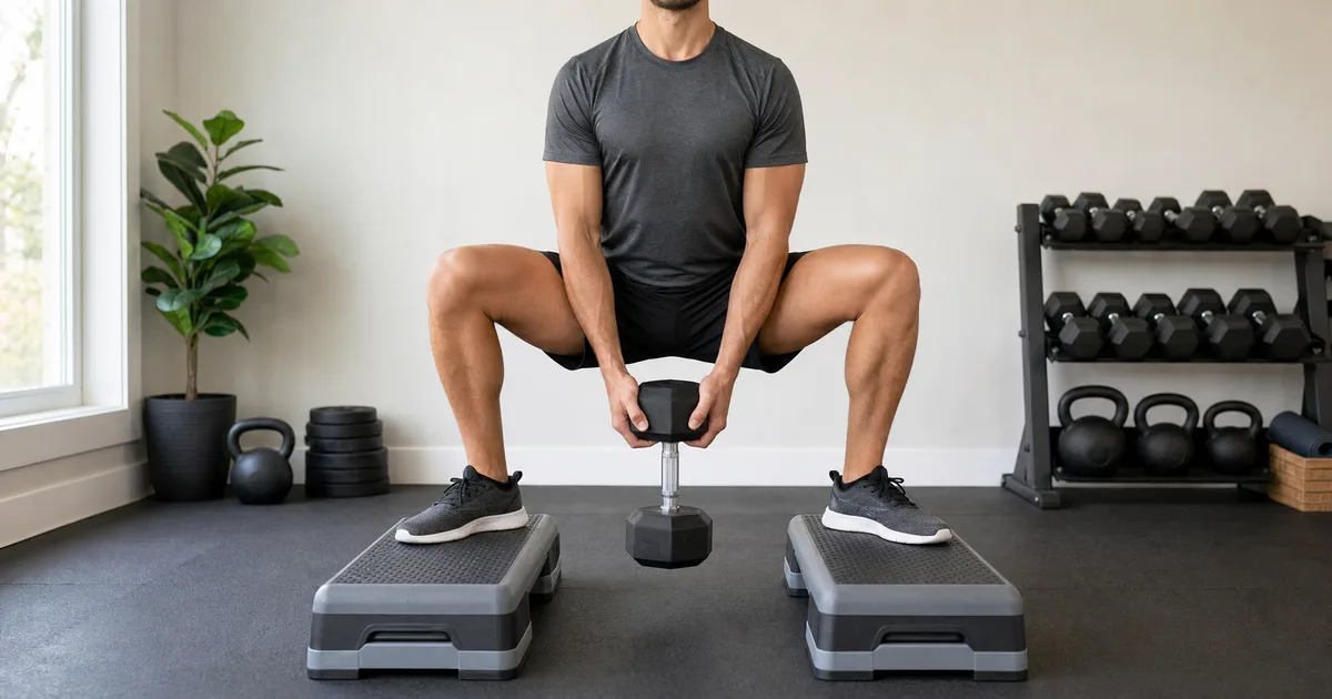 Persona haciendo sentadilla sumo con mancuerna sobre dos steps estables en un gimnasio en casa